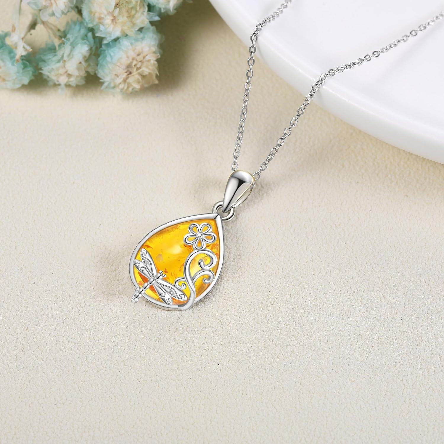 Sterling Silver Amber Pendant Necklace w Bee Dragonfly Hummingbird-0-4