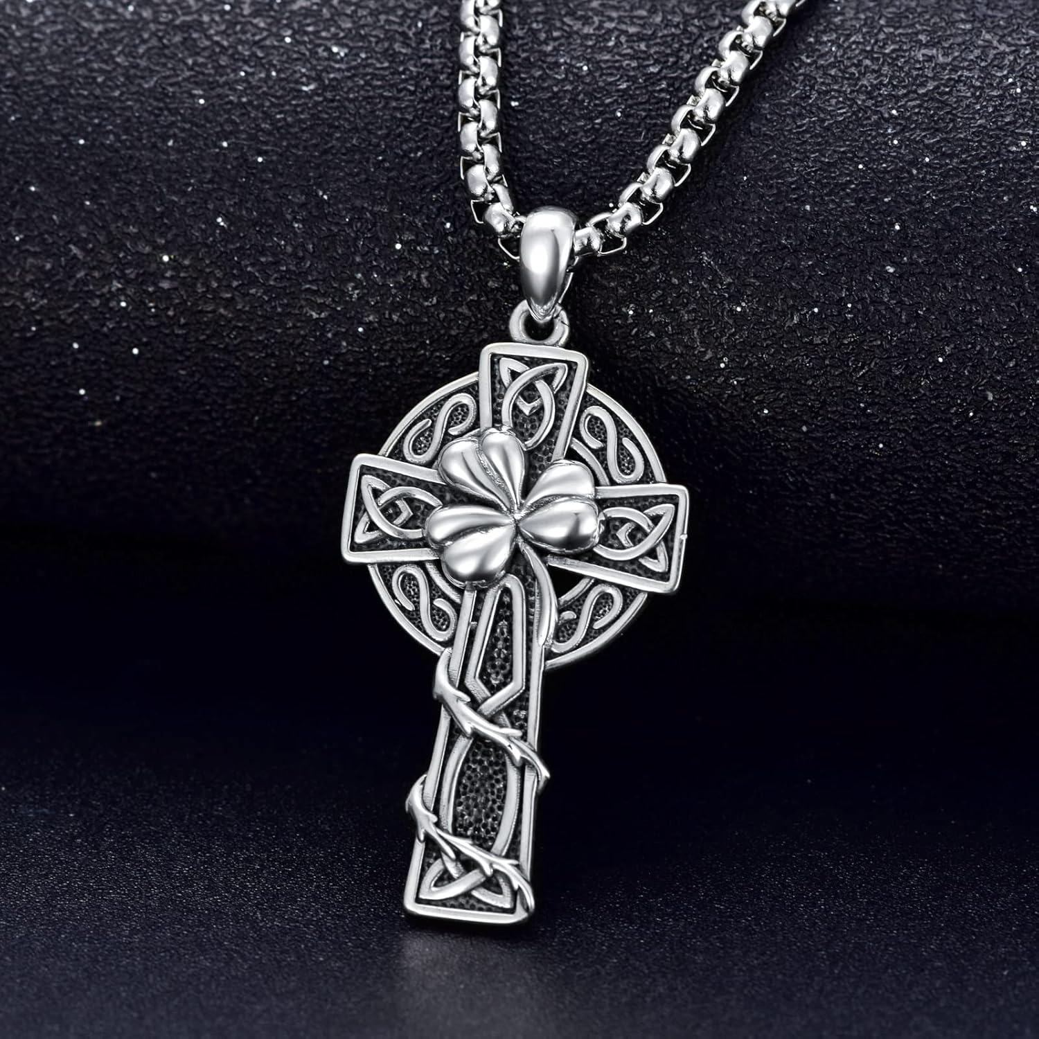 wholesale 925 Sterling Silver & Stainless Steel Irish Cross with Celtic Knots and Shamrock Pendant on 24 Chain-0-4
