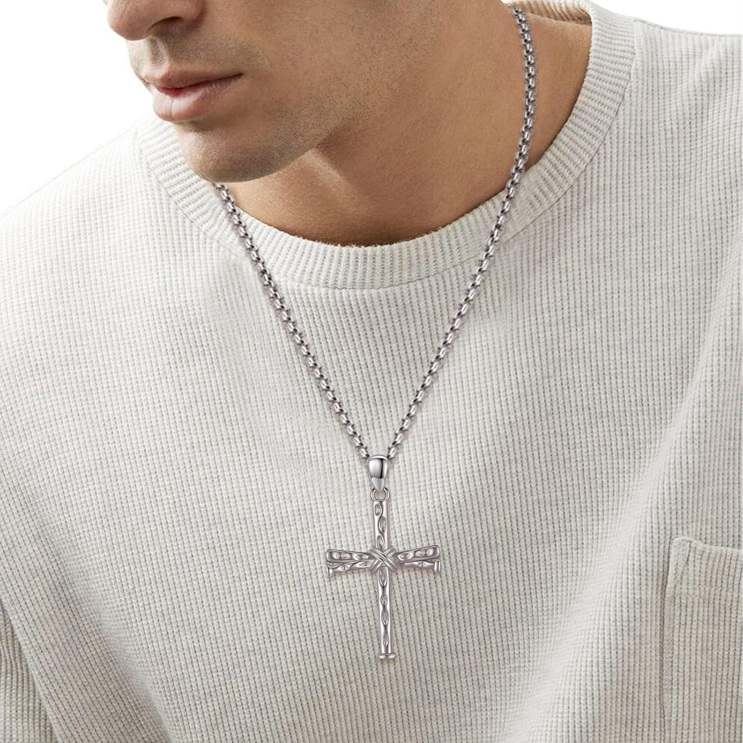 Sterling Silver Stainless Steel Men s Baseball Nail Cross Pendant Necklace 24 -0-4