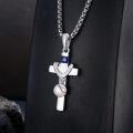 wholesale 925 Sterling Silver Baseball Sports Theme Cross Pendant Necklace  with I CAN DO ALL THINGS Inscription and Blue Crystal Accents-0-2