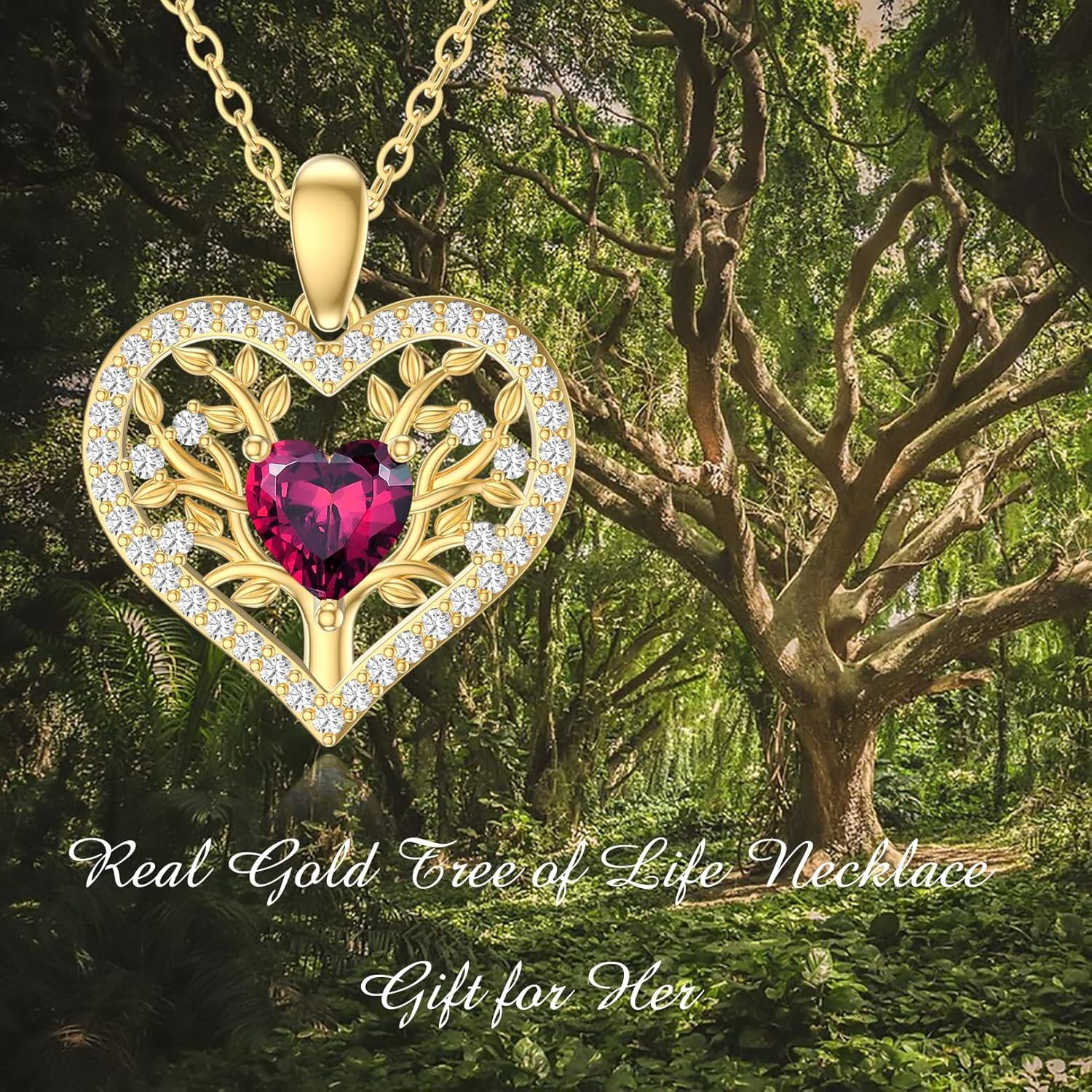 14K Yellow Gold Garnet Tree of Life Pendant Necklace 16+1+1 Inch-0-4