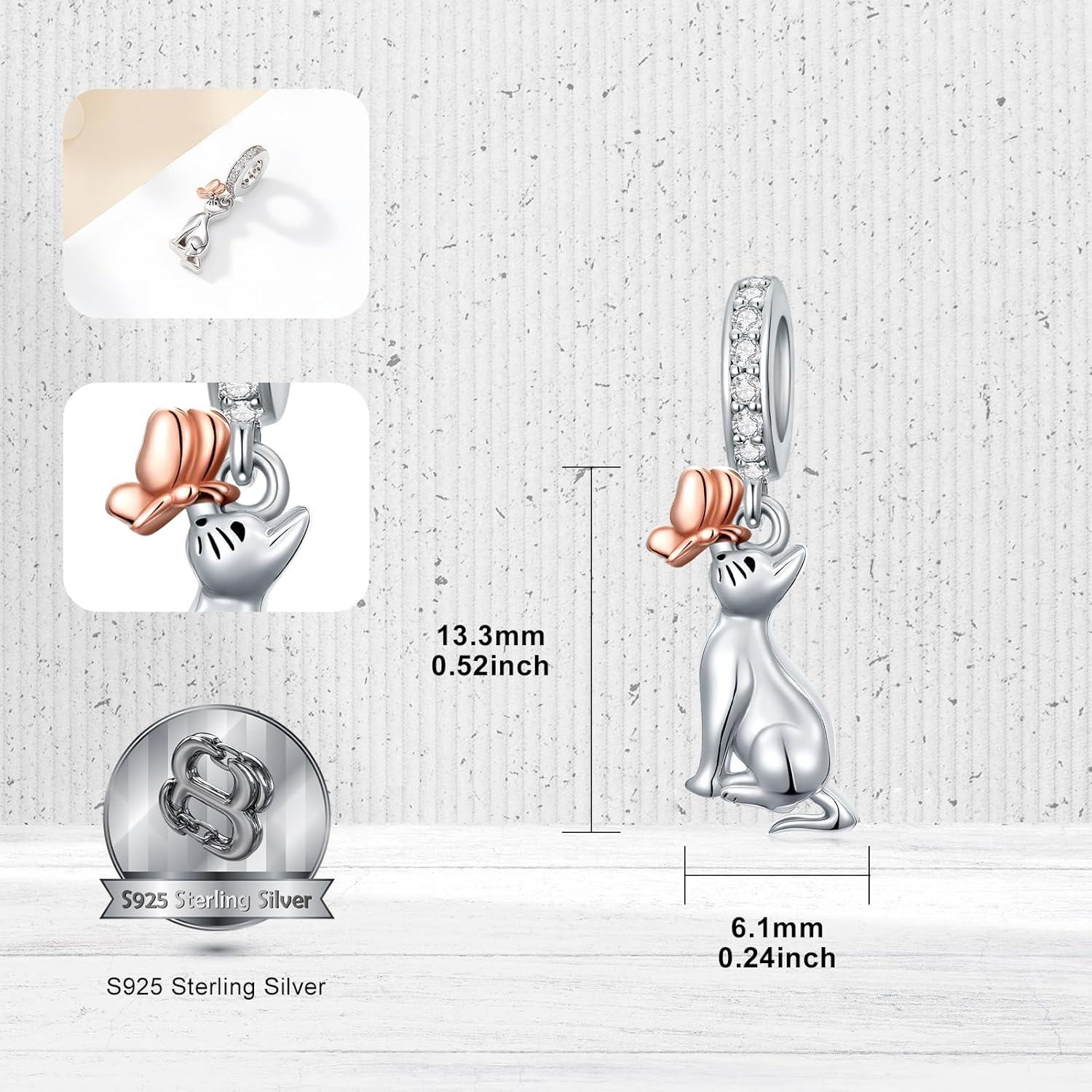 wholesale 925 Sterling Silver Cat with Rose Gold Flower and CZs Dangle Charm Pendant for Bracelet Necklace Jewelry Making Supplies Gifts Women Girls Kids Teens-0-4