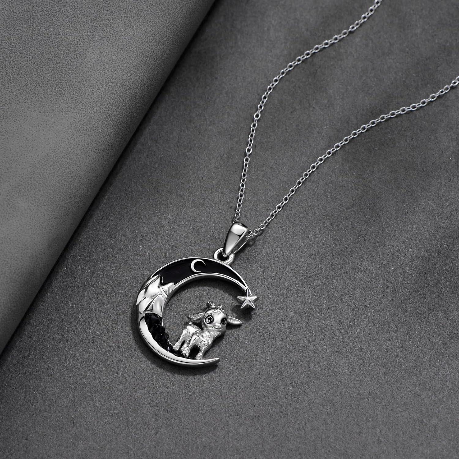 925 Sterling Silver Crescent Moon Goat Star Pendant Necklace-0-4