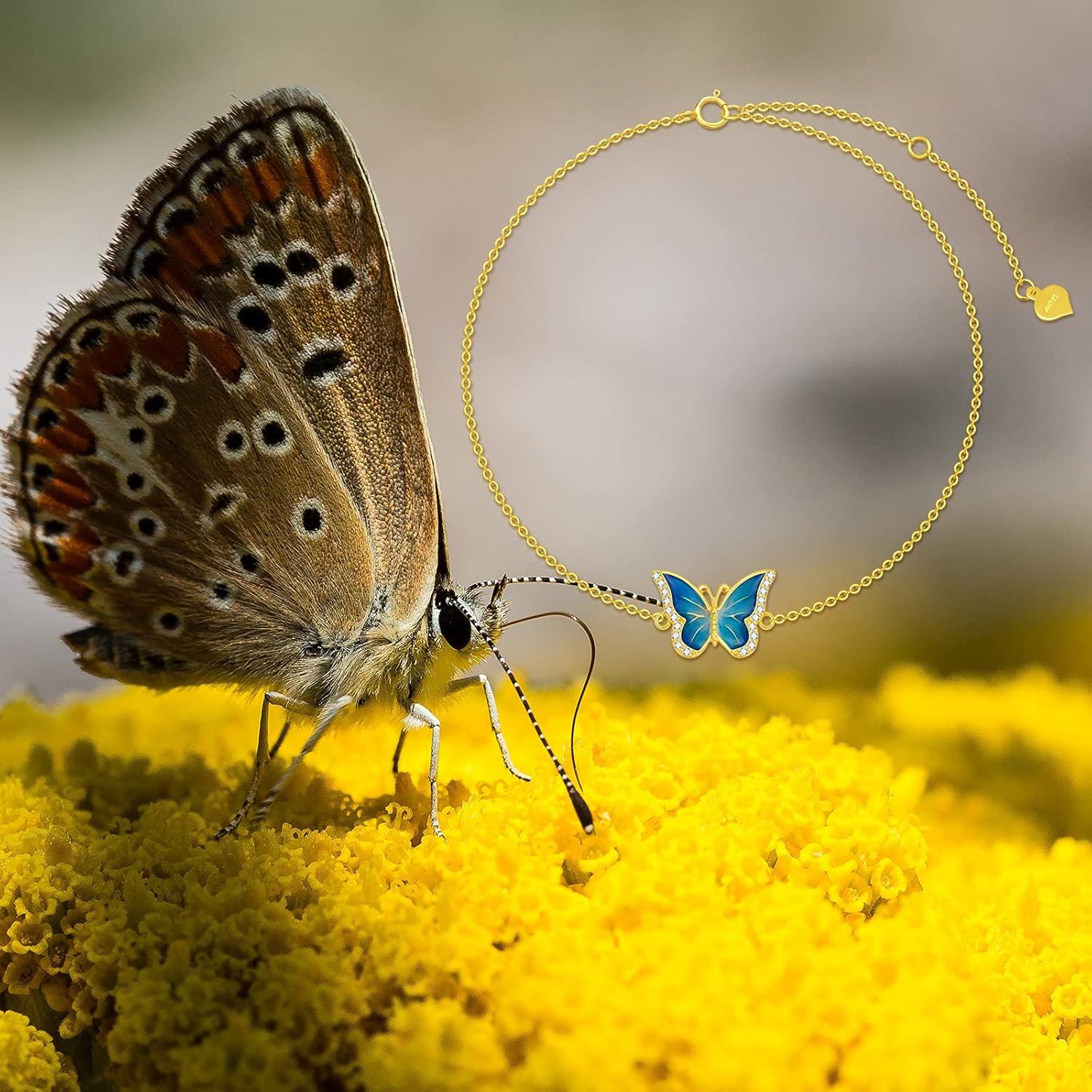 14K Gold Blue Butterfly Anklet for Women Solid 14K Animal Lover Jewelry Gift-0-5