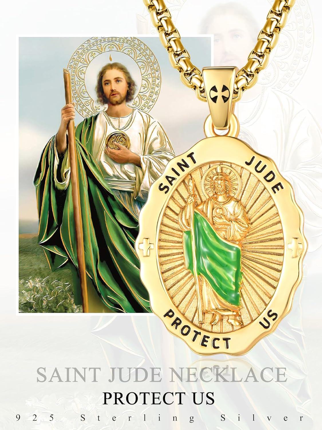 Stainless Steel Gold Plated Saint Jude Pendant Necklace for Women with Green Enamel and Crosses-0-4