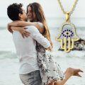 wholesale 14K Gold Blue Sapphire Evil Eye Hand of Fatima Pendant Necklace for Women-0-4