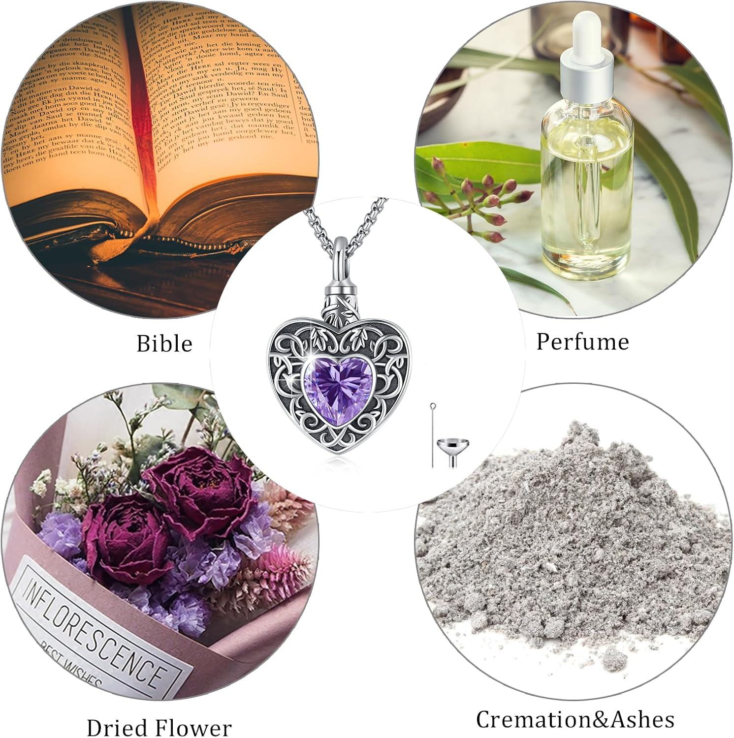 925 Sterling Silver Heart Shaped Purple Crystal Memorial Urn Necklace with Funnel and Fill Tool for Ashes Keepsakes-0-5