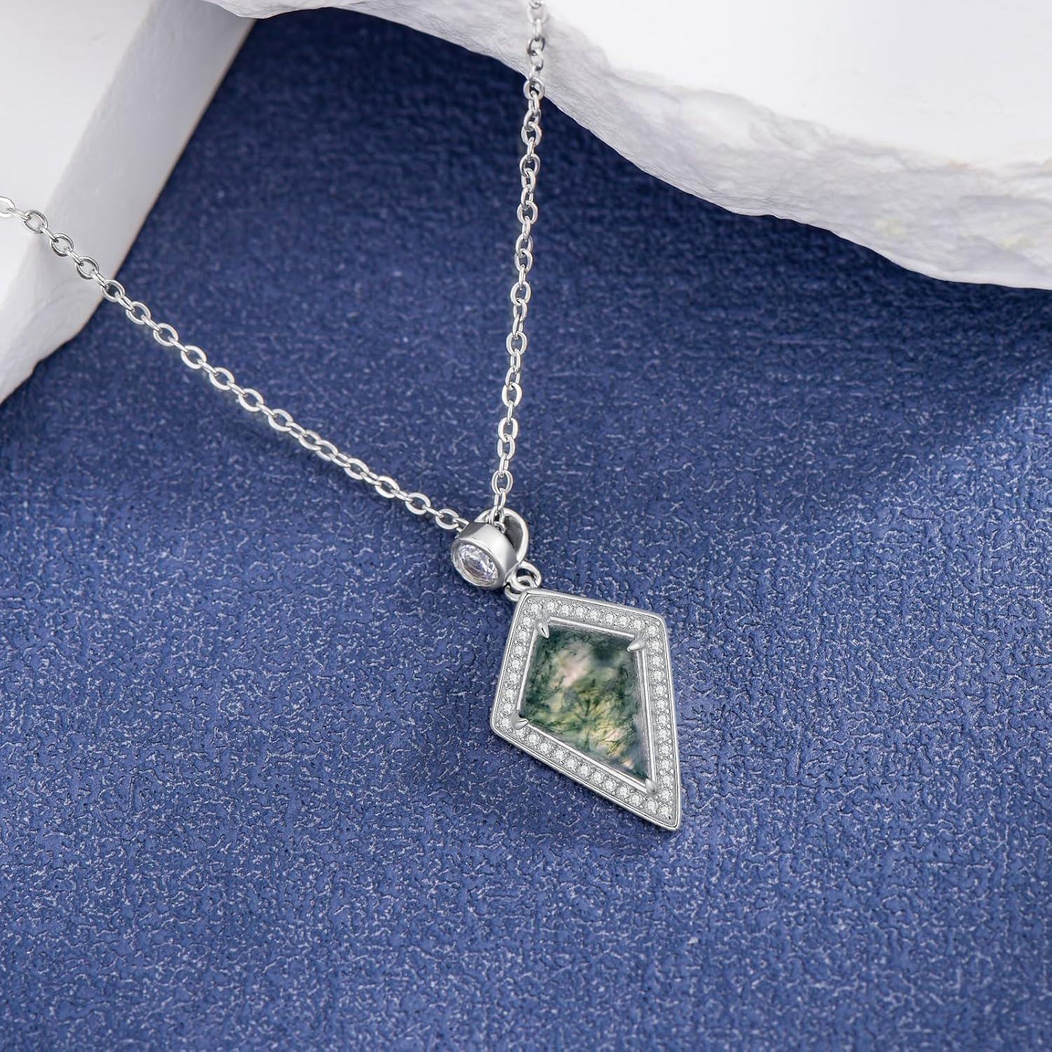 wholesale 925 Sterling Silver Green Moss Agate Cubic Zirconia Hexagon Kite Shape Pendant Necklace for Women-0-2