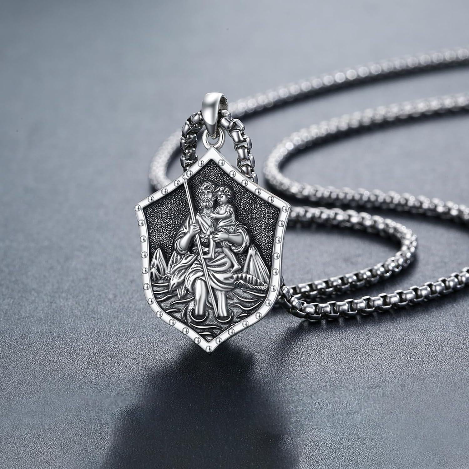 wholesale 925 Sterling Silver Saint Christopher Shield Necklace for Men Women Catholic Protection  47cm Chain Length-0-1