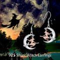 wholesale 925 Sterling Silver & Enamel Witch Crescent Moon Dangle Earrings with Flying Witch & Broom Halloween Wiccan Jewelry for Women-0-5