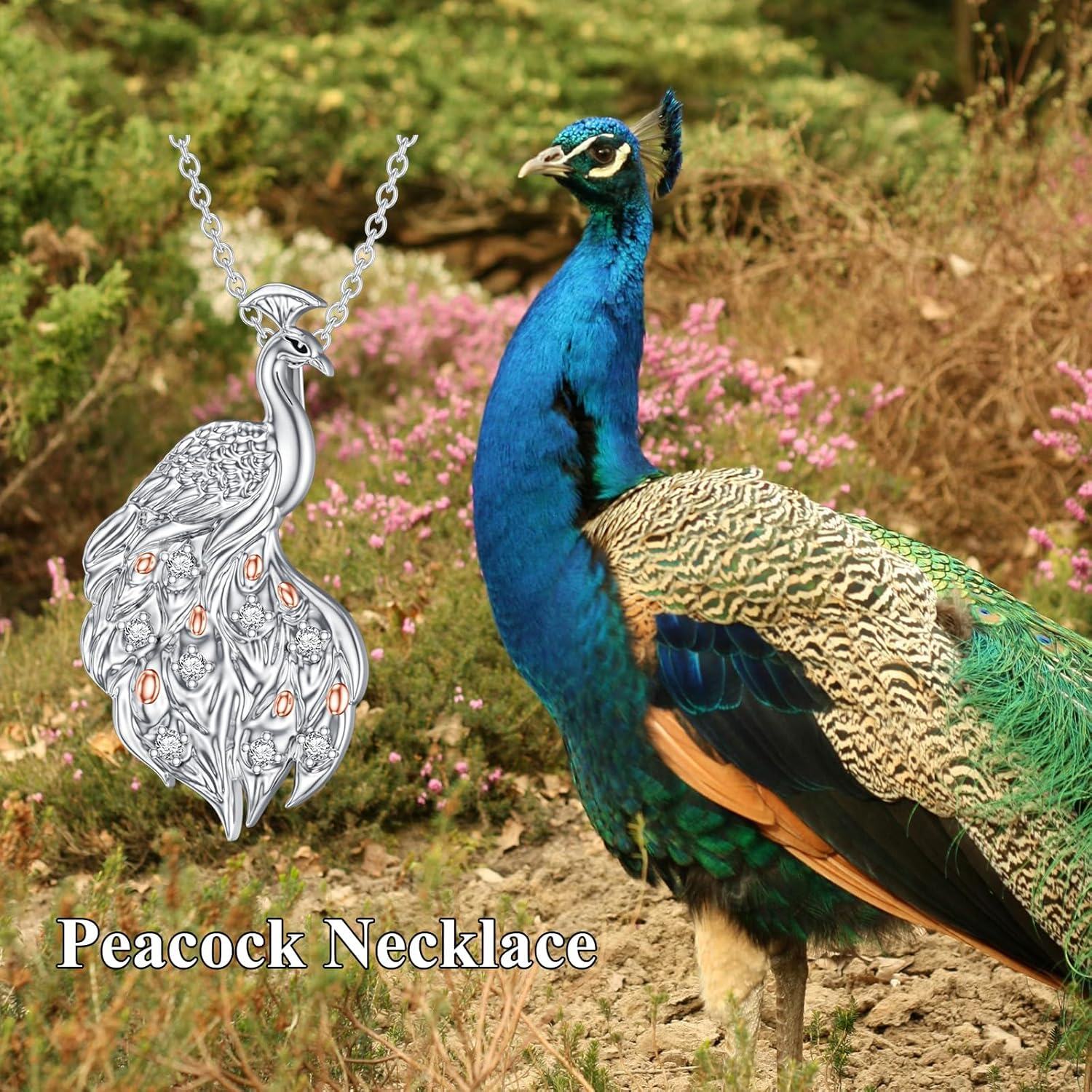 925 Sterling Silver Diamond & Rose Gold Plated Jade Peacock Pendant Necklace-0-3