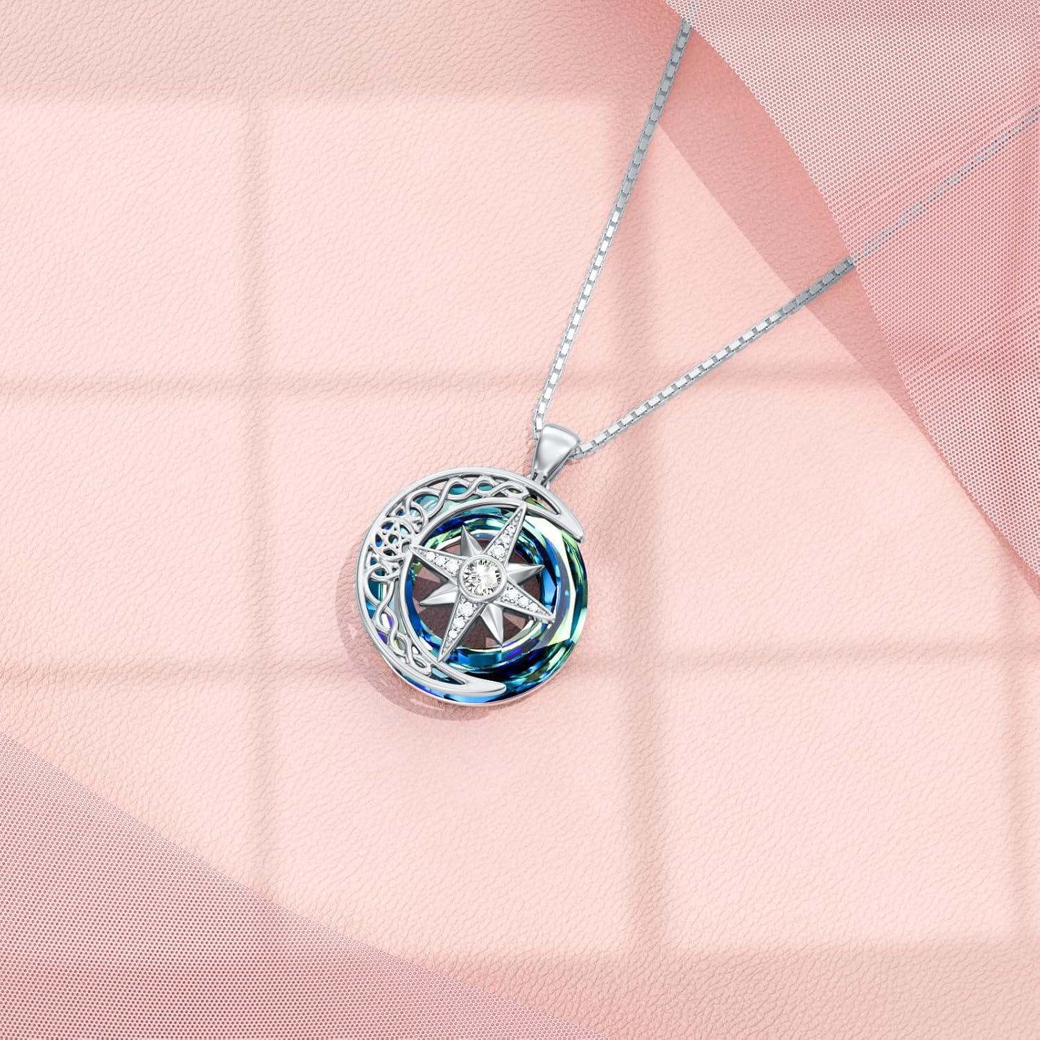 wholesale 925 Sterling Silver Compass & Celestial Elements Pendant Necklace with Blue Crystal and Stars Design-0-1