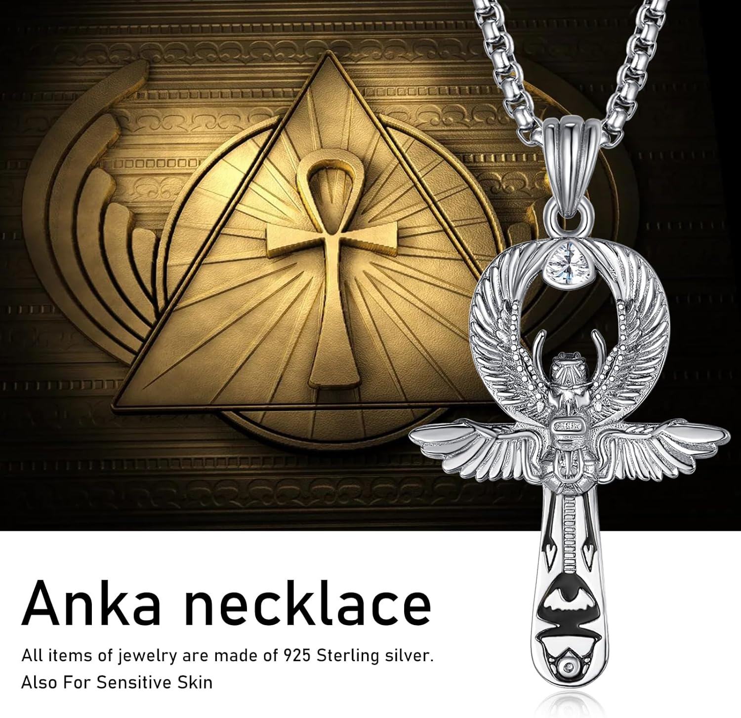 wholesale 925 Sterling Silver Egyptian Scarab Ankh Cross Pendant with Cubic Zirconia and 3mm Box Chain - Mens  Set (Silver)-0-5