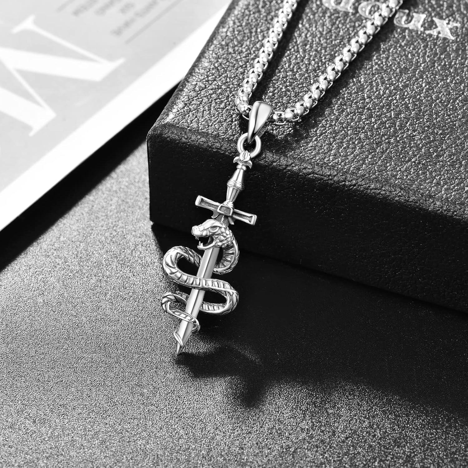 wholesale 925 Sterling Silver Snake Sword Cross Pendant Necklace with Stainless Steel Chain for Men & Women Gothic Religious Jewelry Baptism Gift-0-1