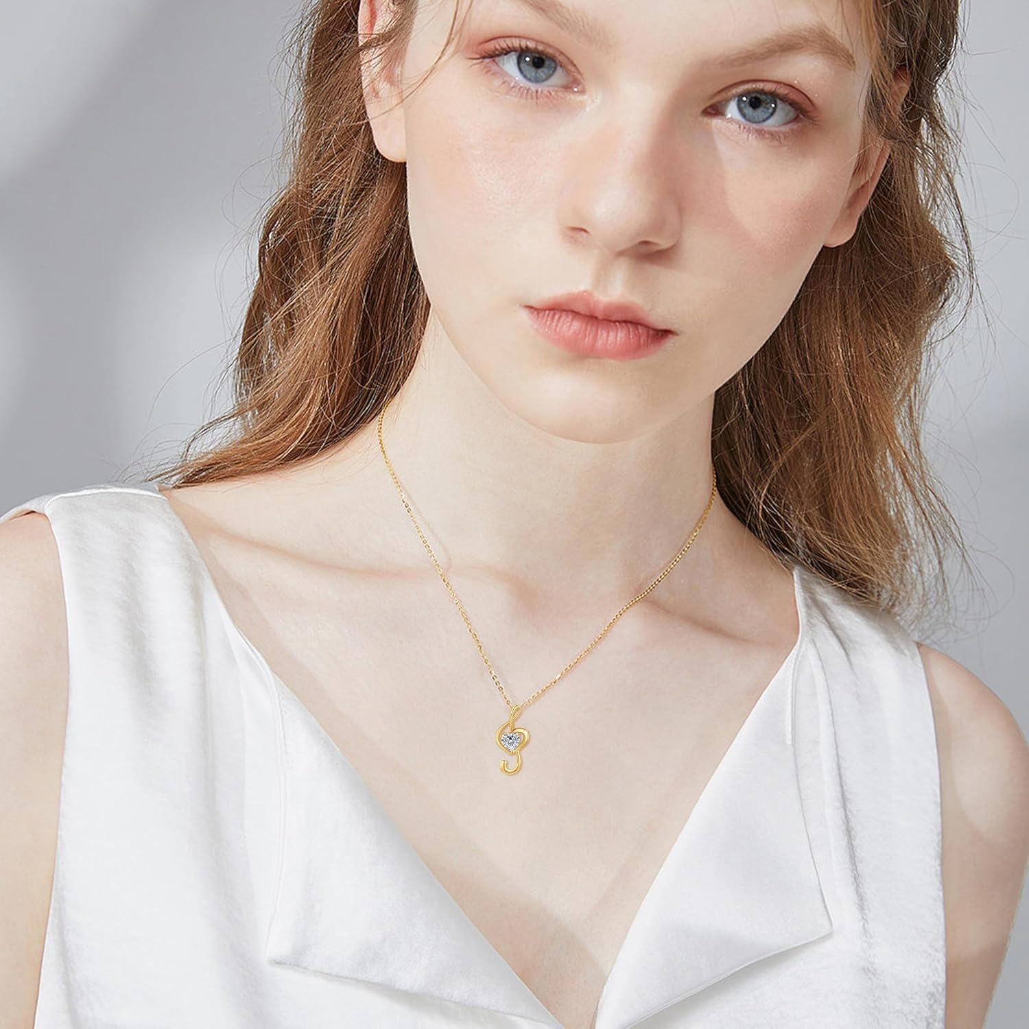 14K Yellow Gold Treble Clef Music Note Pendant Necklace for Women Girls Christmas Gift-0-5