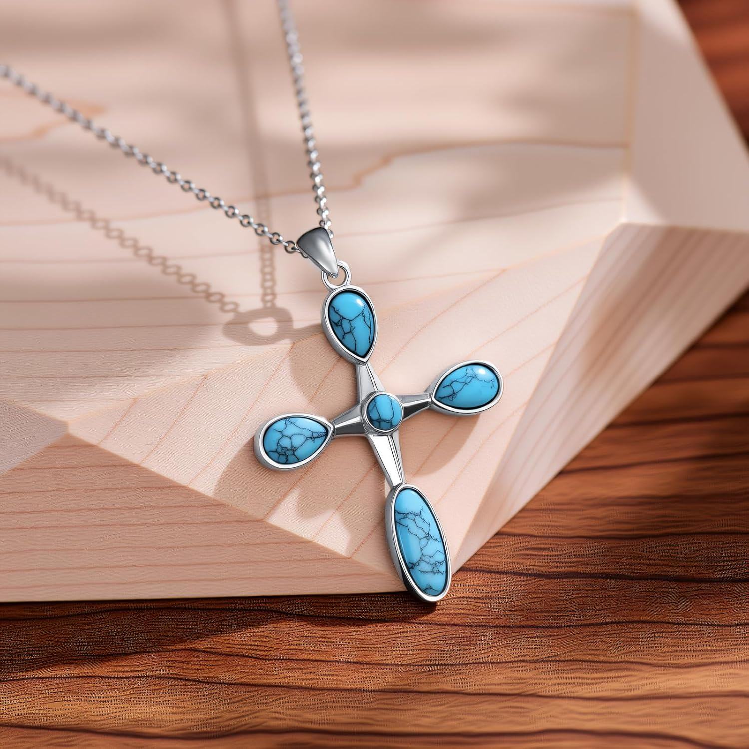 Sterling Silver Turquoise Pendant Cross Necklace Vintage Boho Victorian Jewelry Gift-0-4