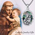 wholesale 925 Sterling Silver Oval St Anthony Medal Prayer for Us Pendant Necklace w/ Abalone Shell & Chain-0-5