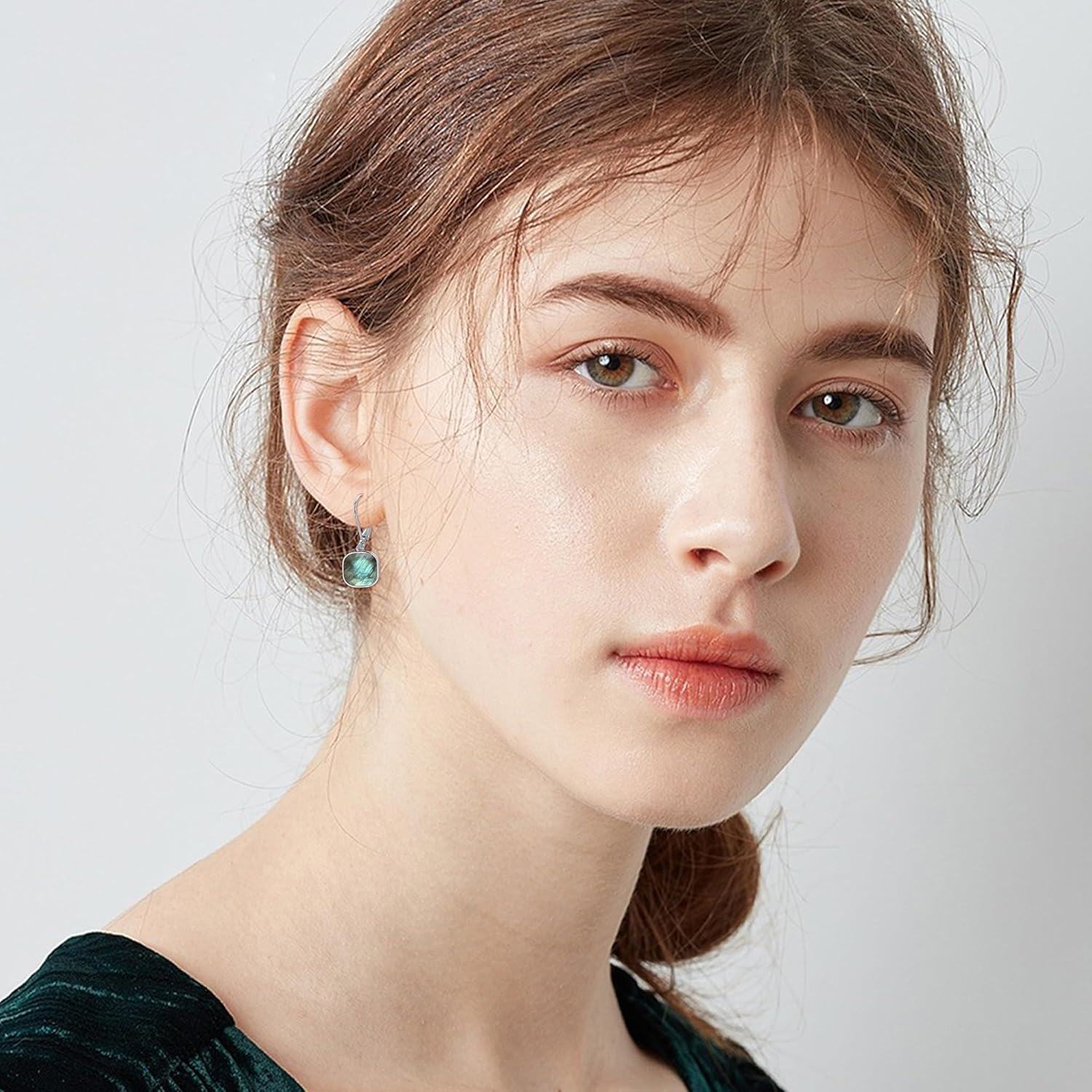 925 Sterling Silver Square Labradorite Leverback Earrings-0-3