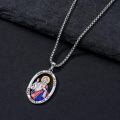 wholesale 925 Sterling Silver Oval Enamel Virgin Mary Medal Pendant Necklace with Pray for Us Inscription - Christian -0-3
