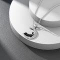 wholesale 925 Sterling Silver Crescent Moon with Black Cat and Cubic Zirconias Pendant Necklace for Women-0-1