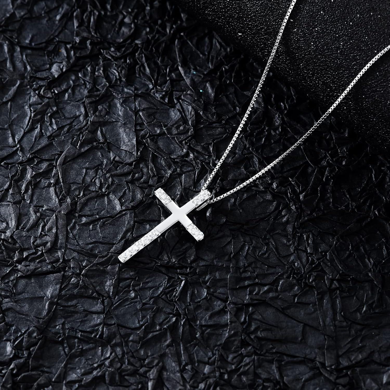 Sterling Silver 5A CZ Women s Cross Necklace 20 Adjustable Chain Baptism Gift-0-4