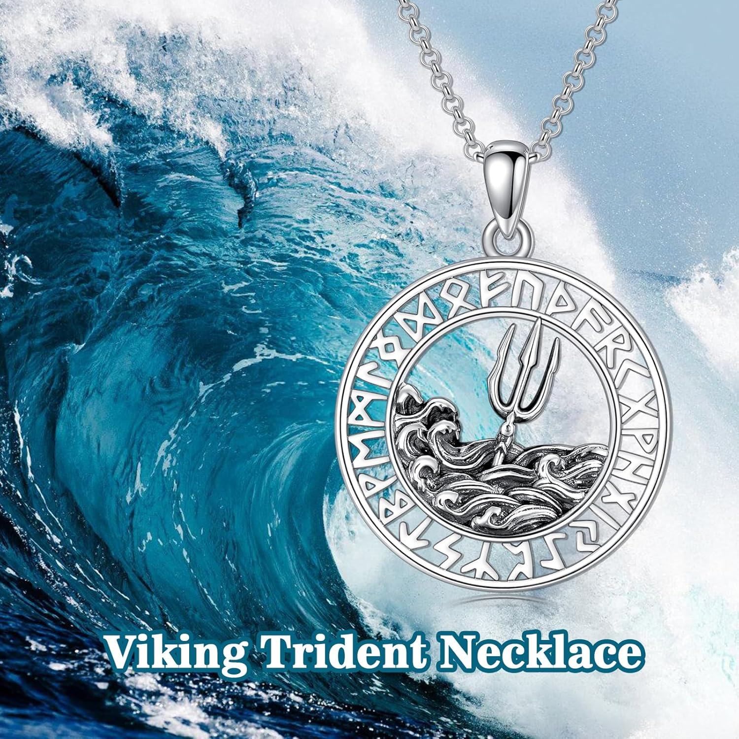 wholesale 925 Sterling Silver Trident Pendant with Waves and Rune Design on Round Medallion Necklace - 3 Sizes Available-0-3