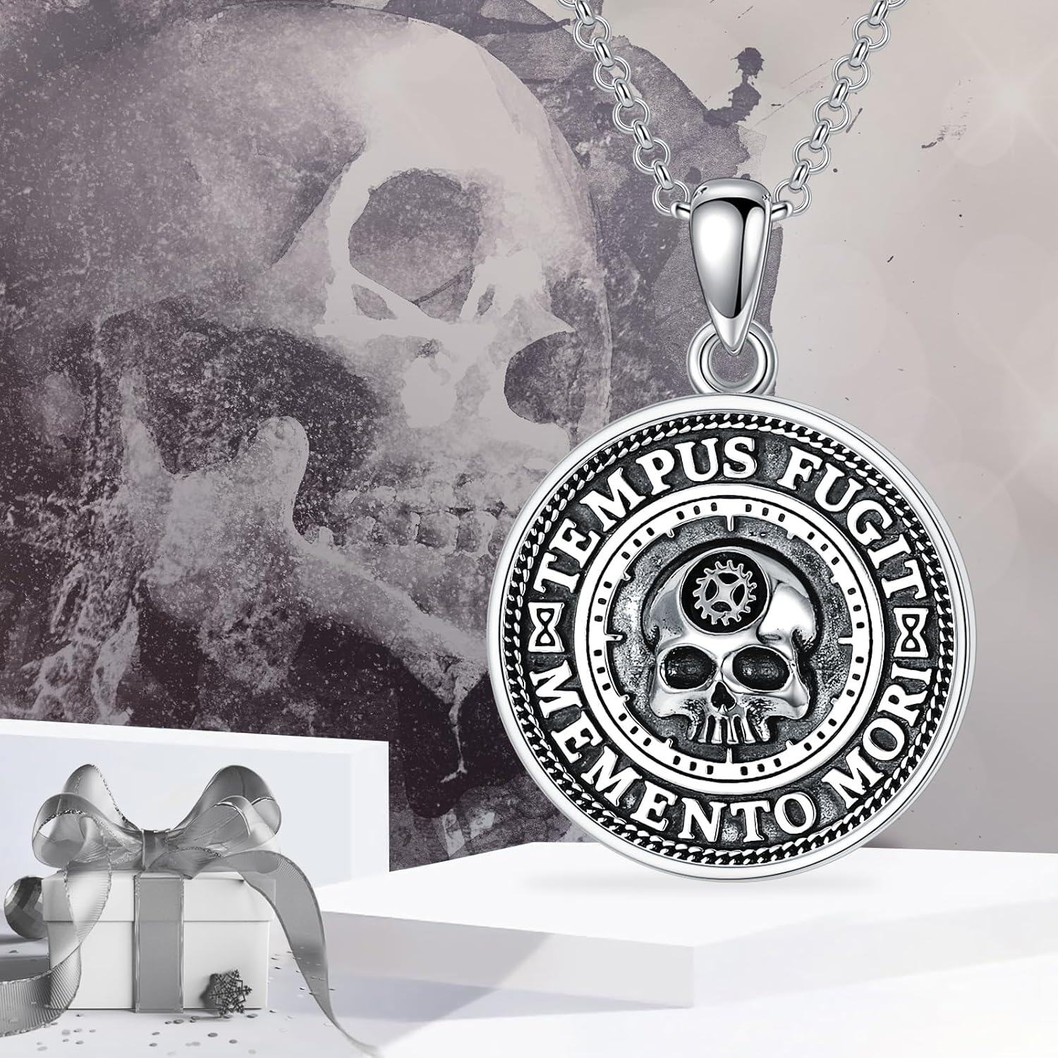 wholesale 925 Sterling Silver Round Pendant with Tree of Life and Skull Charm Necklace for Women Men Gothic s 47mm Diameter-0-5