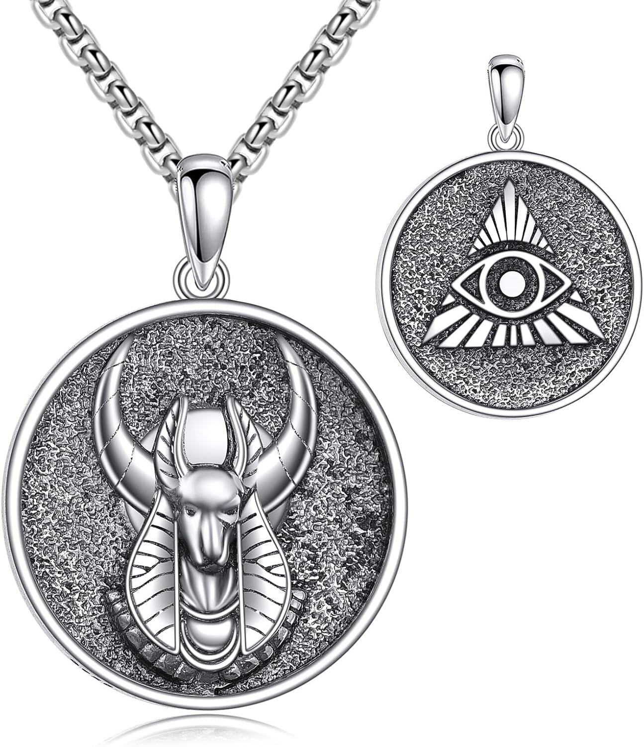 925 Sterling Silver Ancient Egypt Anubis Scarab & Eye Of Horus Charm Men's Pendant Necklaces  for Him 36 Chain Length-0-0