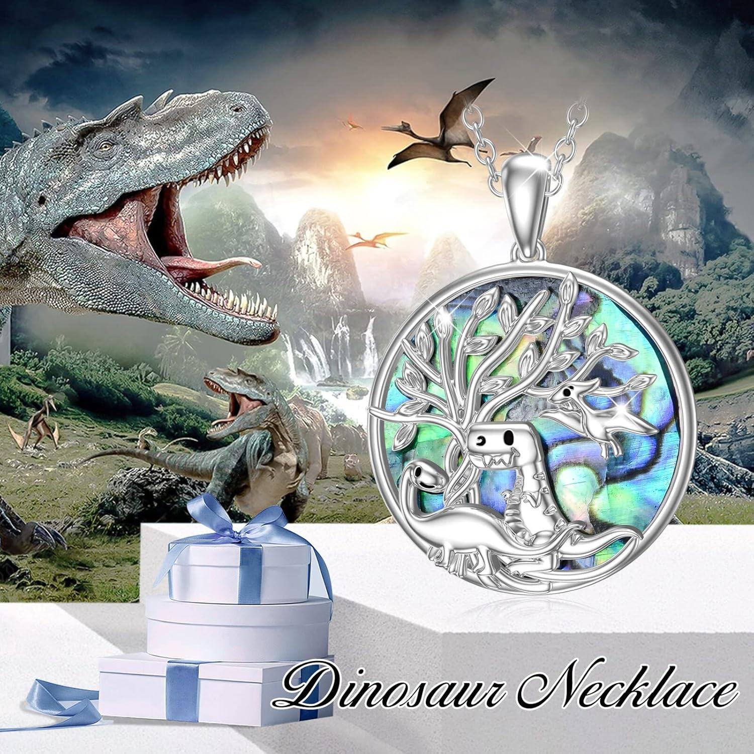 925 Sterling Silver Round Abalone Shell Dragon & Tree of Life Pendant Necklace-0-1