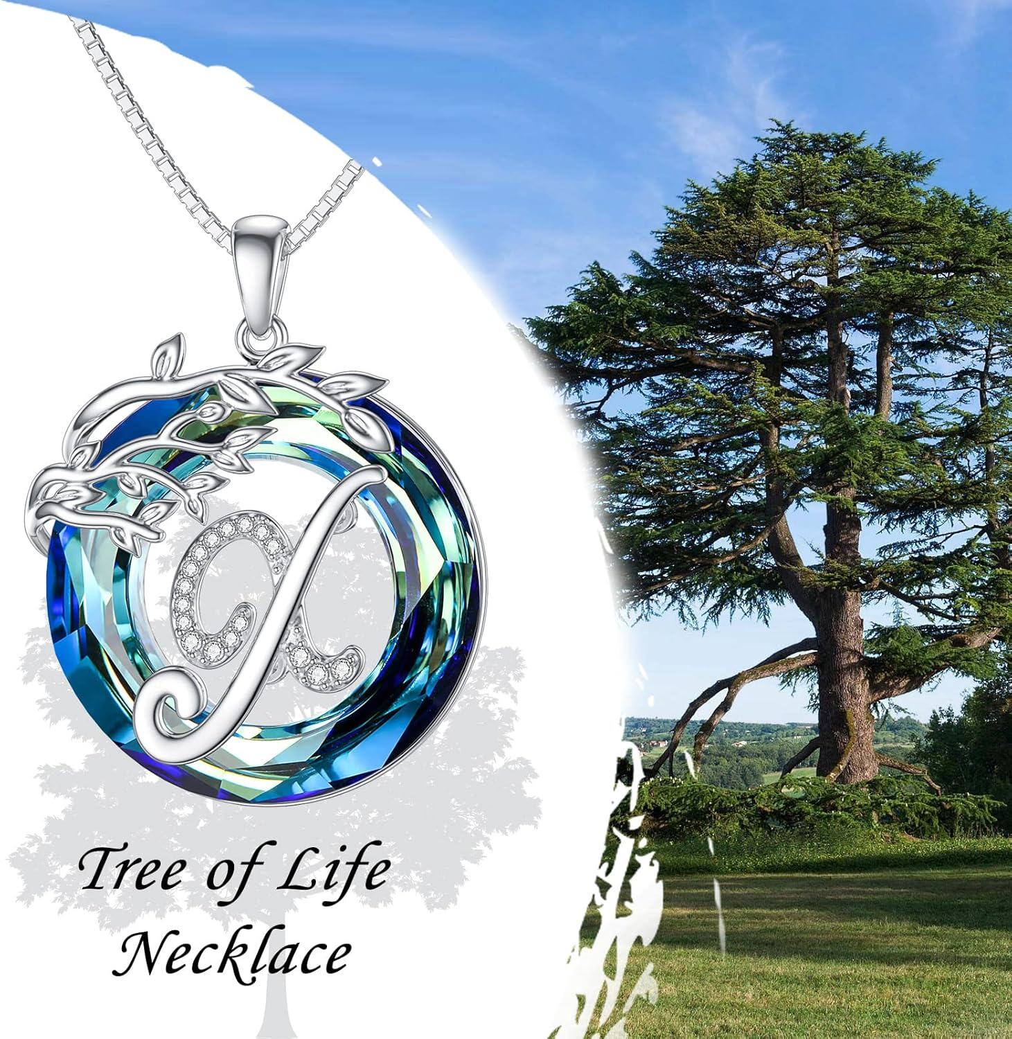 Sterling Silver Blue Crystal Tree of Life A Z Letter Pendant Necklace-0-3