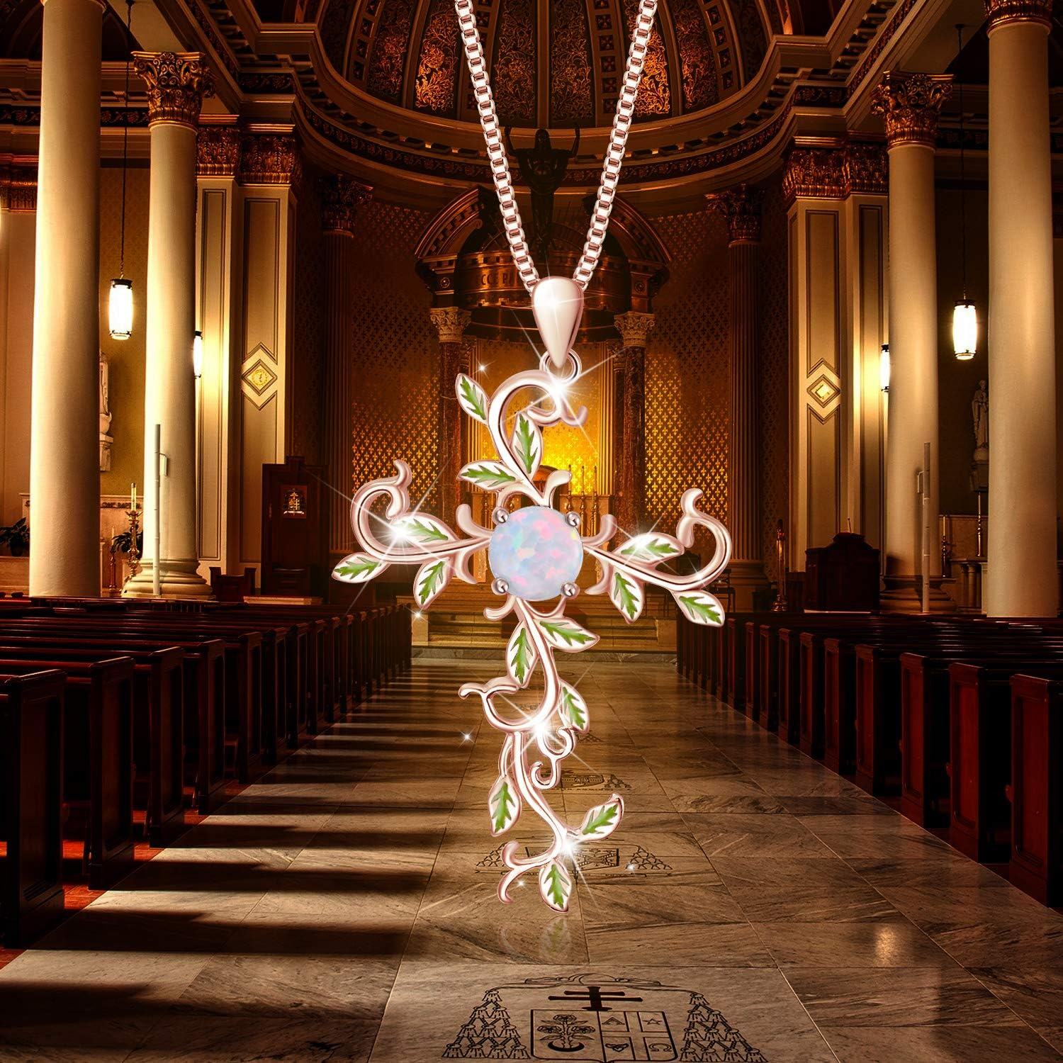 wholesale 925 Sterling Silver Plated Rose Gold White Simulated Opal Cross Pendant Necklaces with Leaves and Vine Design for Women-0-4