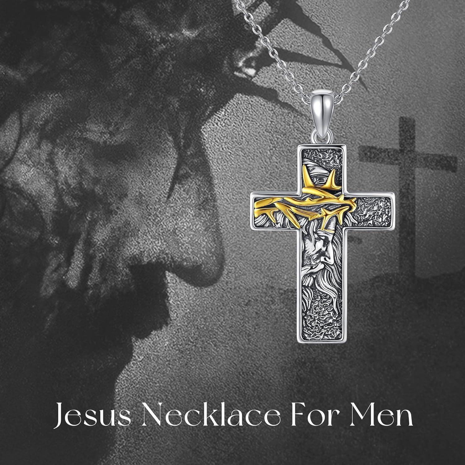 wholesale 925 Sterling Silver Filigree Cross Pendant with Gold Crown of Thorns and Jesus Face Design - Religious Jewelry for Men & Women-0-4
