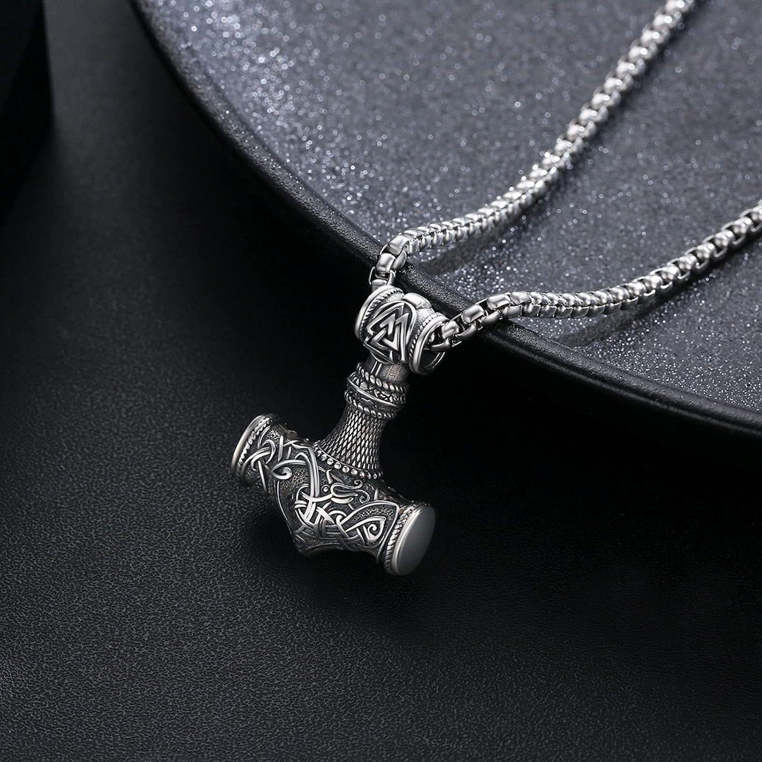 wholesale 925 Sterling Silver  Viking Thors Hammer Pendant Norse Jewelry for Men Women with Stainless Steel Chain-0-1