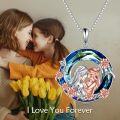 wholesale 925 Sterling Silver Blue Crystal Mother Daughter Pendant Necklace with Rose Gold Flowers and Leaves Design-0-5