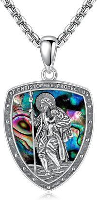 wholesale 925 Sterling Silver St. Christopher Shield Pendant with Abalone Shell Protection Necklace for Men Women Gifts-Saint Christopher