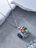 wholesale 18K White Gold Filled Sterling Silver Family Tree Pendant with 2 Heart Birthstones Blue Austrian Crystal Necklace for Women-0-5