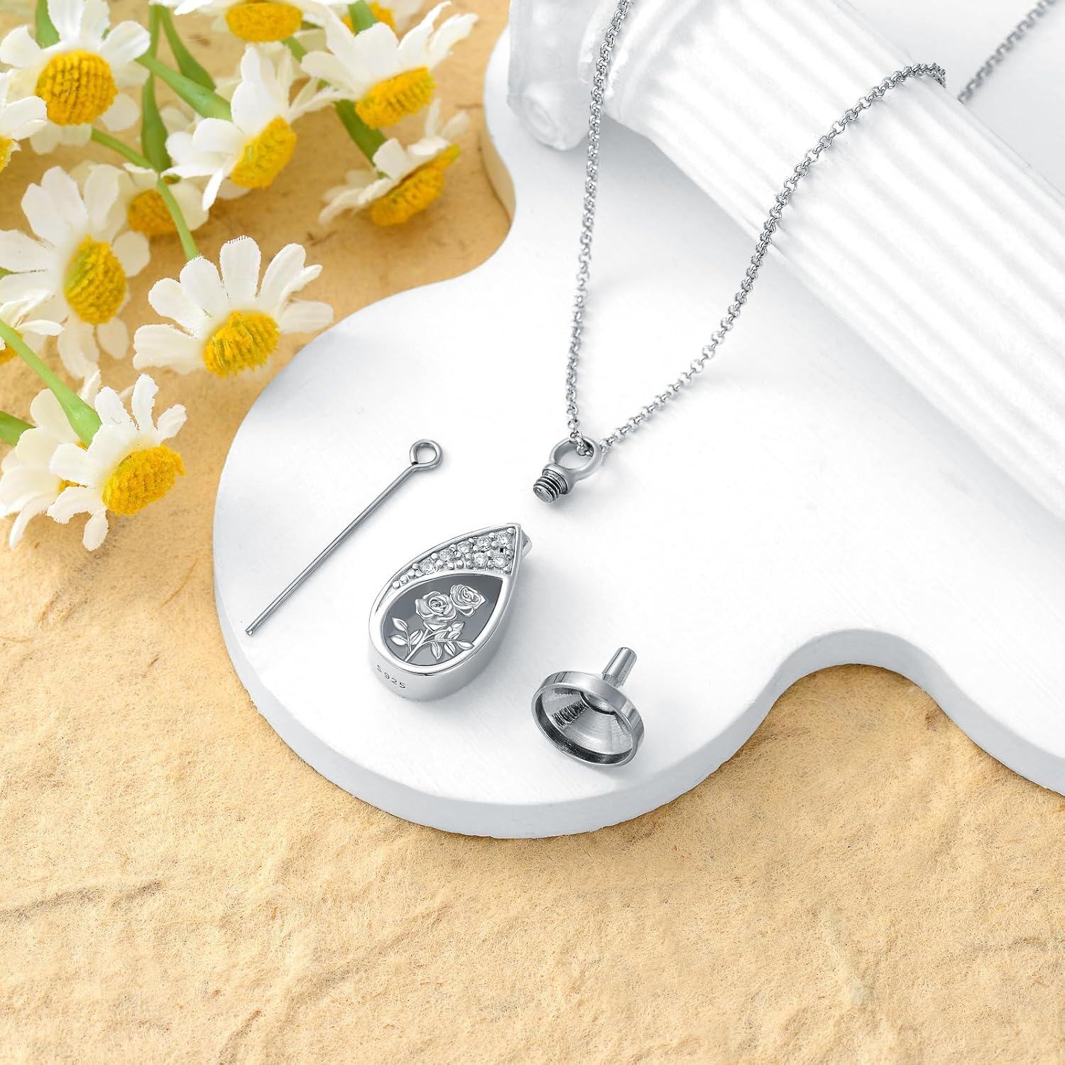 925 Sterling Silver Floral Tear Drop Keepsake Pendant Necklaces w/Funnel Set for Women's Memorial Jewelry-0-2