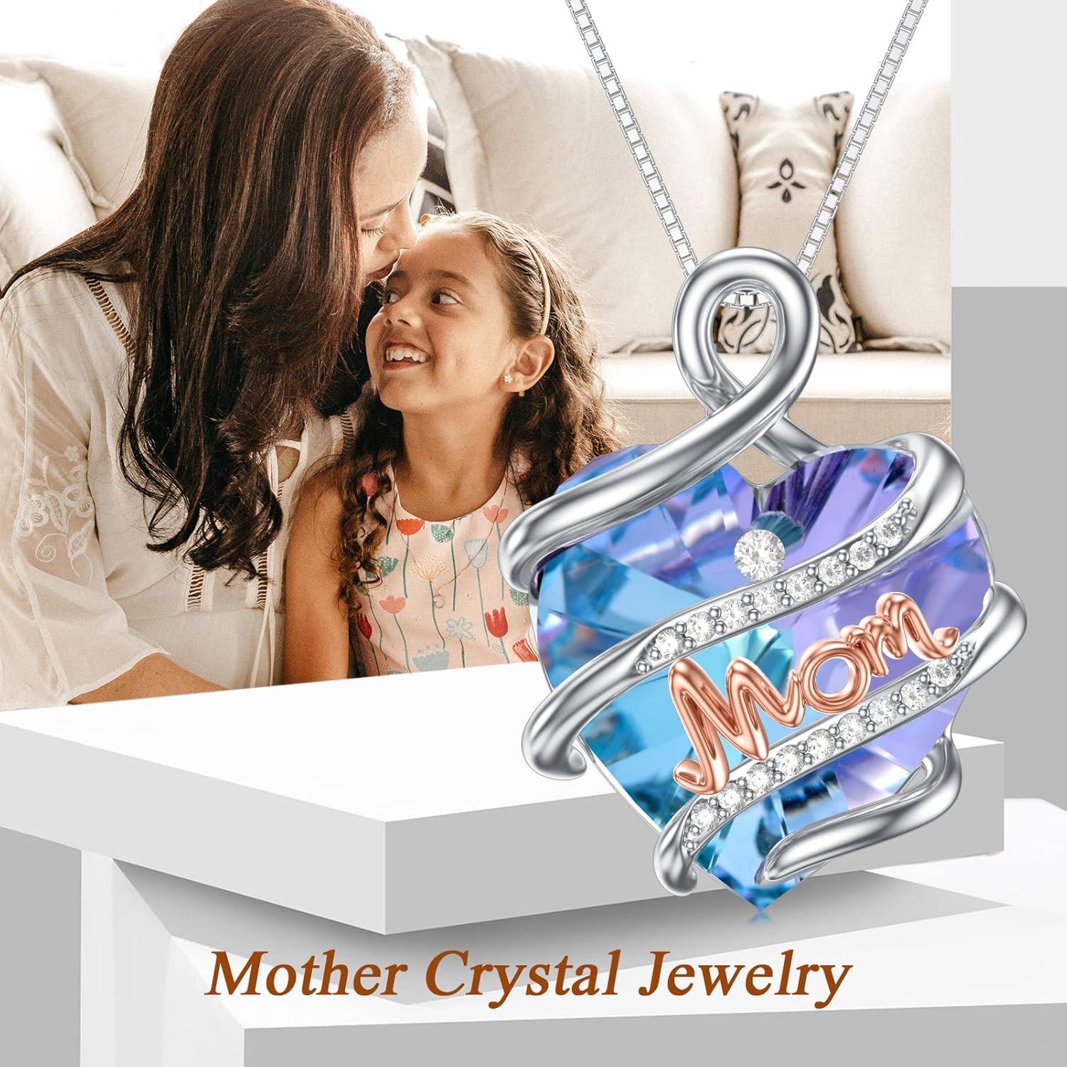 wholesale 925 Sterling Silver Blue Crystal Heart MOM Pendant Necklace for Mother's Day Gifts-0-1