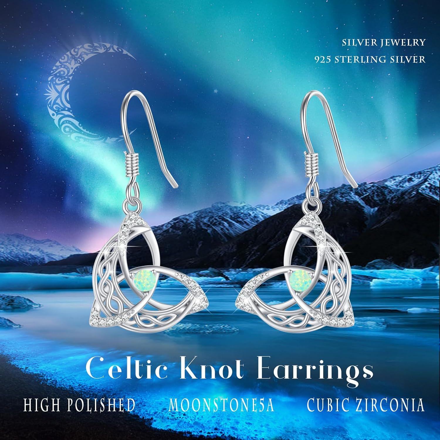 wholesale 925 Sterling Silver Opal Triquetra Trinity Knot Drop Dangle Leverback Earrings - Moon & Stars  for Women Girls-0-5