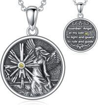 wholesale 925 Sterling Silver Guardian Angel Compass Medallion Pendant Necklace with Yellow Crystal Stone and Engraved Message for Women & Men-Guardian Angel