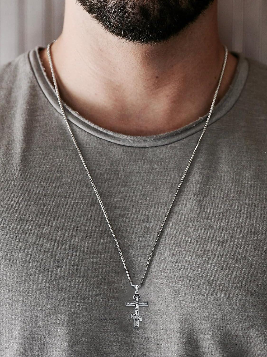 wholesale 925 Sterling Silver Crucifix Cross Pendant Necklace with Stainless Steel Chain for Men & Women - Religious  Set w/ 24 Stainless Steel Chain and Box Packaging-0-5