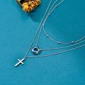 wholesale S925 Sterling Silver & 14K Gold Plated Cross Layered Necklace with Blue Crystal & Beads, 14-18 Inch, Hypoallergenic, Gift for Women-0-5