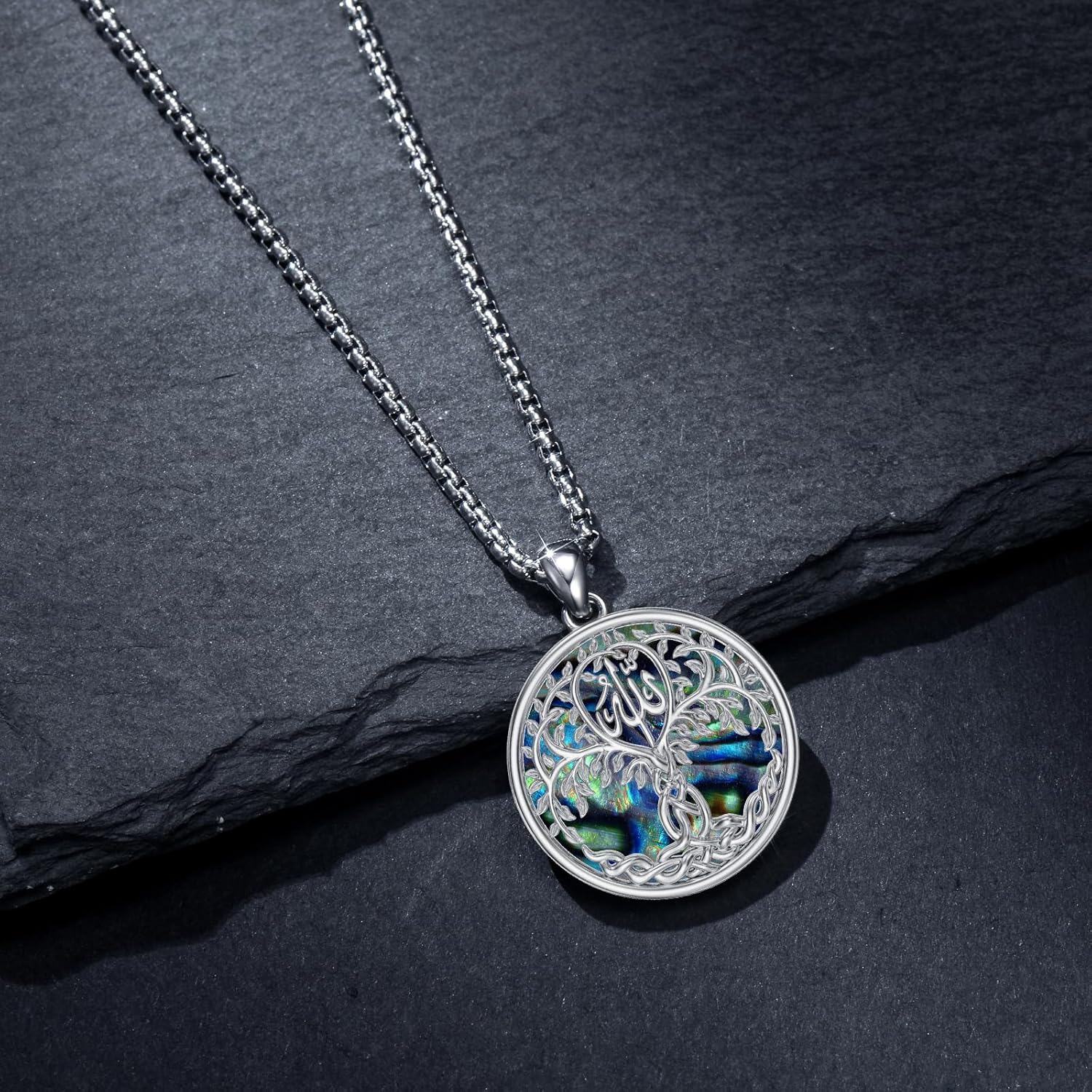 wholesale 925 Sterling Silver Tree of Life Round Pendant with Abalone Shell Inlay and Arabic Calligraphy for Men Women - Islamic Muslim s-0-3