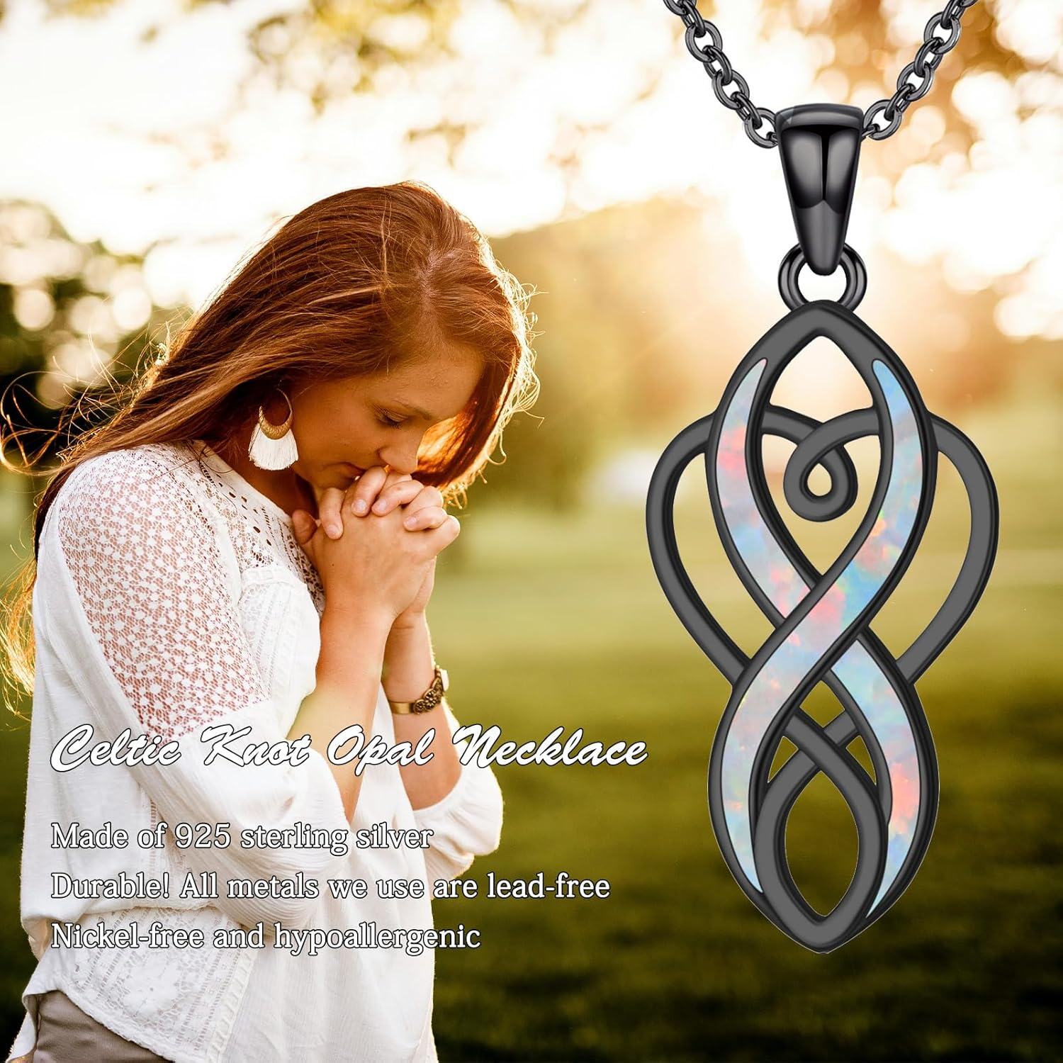 925 Sterling Silver Blackened White Fire Opal Celtic Knot Infinity Heart Pendant Necklace for Women-0-5