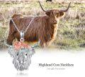 wholesale 925 Sterling Silver Highland Cow Pendant Necklaces with Rose Gold Flower and Green Stones s for Women Girls-0-4