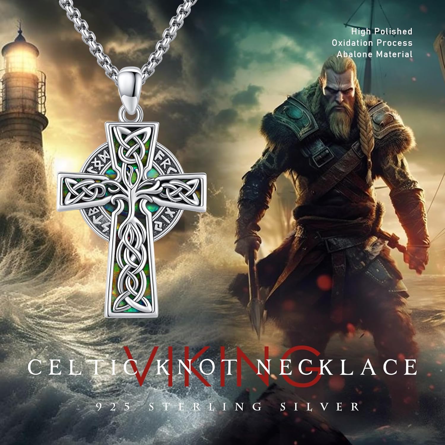 wholesale 925 Sterling Silver Celtic Knot Cross Pendant with Green Abalone Shell Inlay Norse Valknut Amulet Necklace for Men & Women with Stainless Steel Chain-0-5