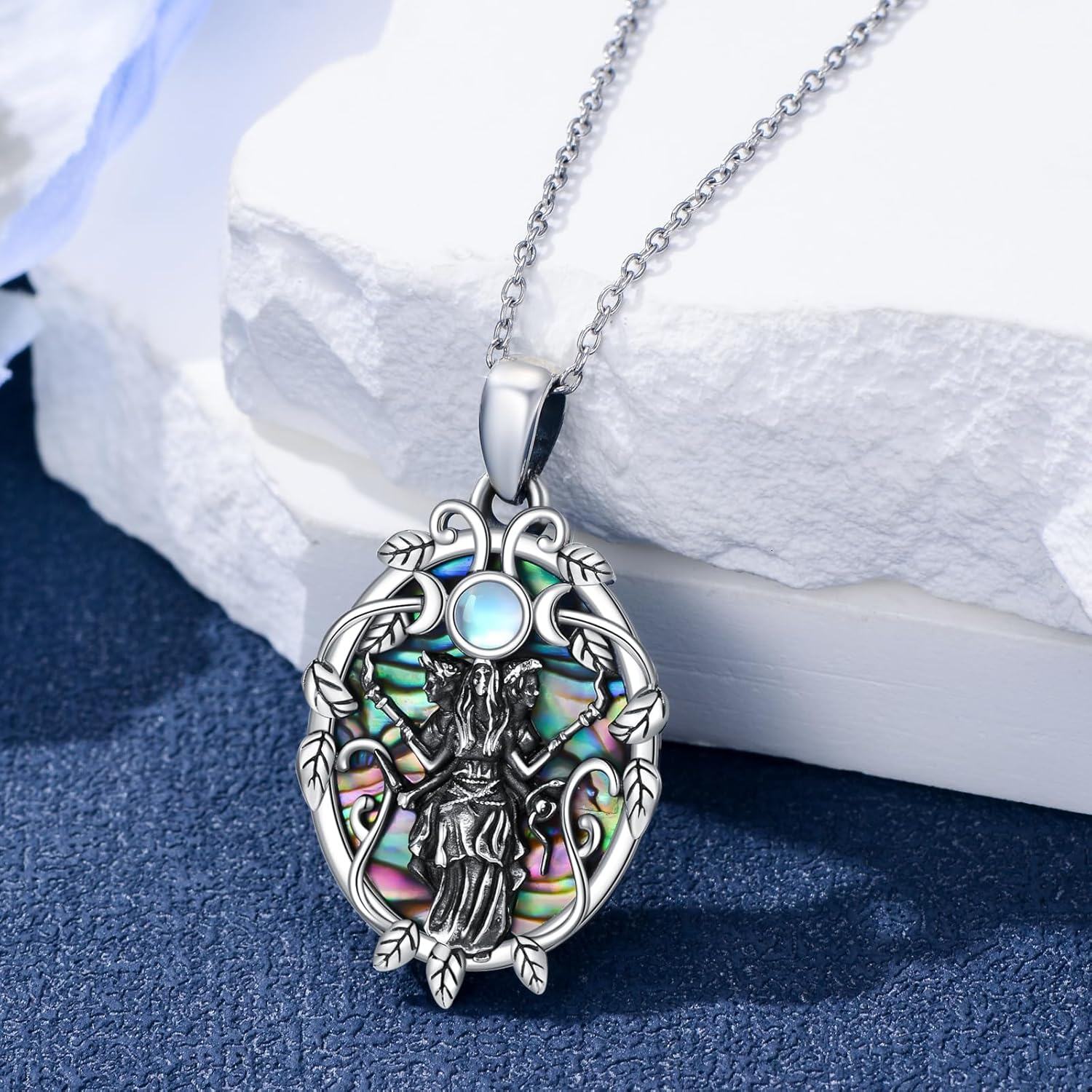 wholesale 925 Sterling Silver Abalone Shell Triple Moon Goddess Pendant Necklace for Women Gothic Witchcraft Jewelry 36 Chain Length-0-3