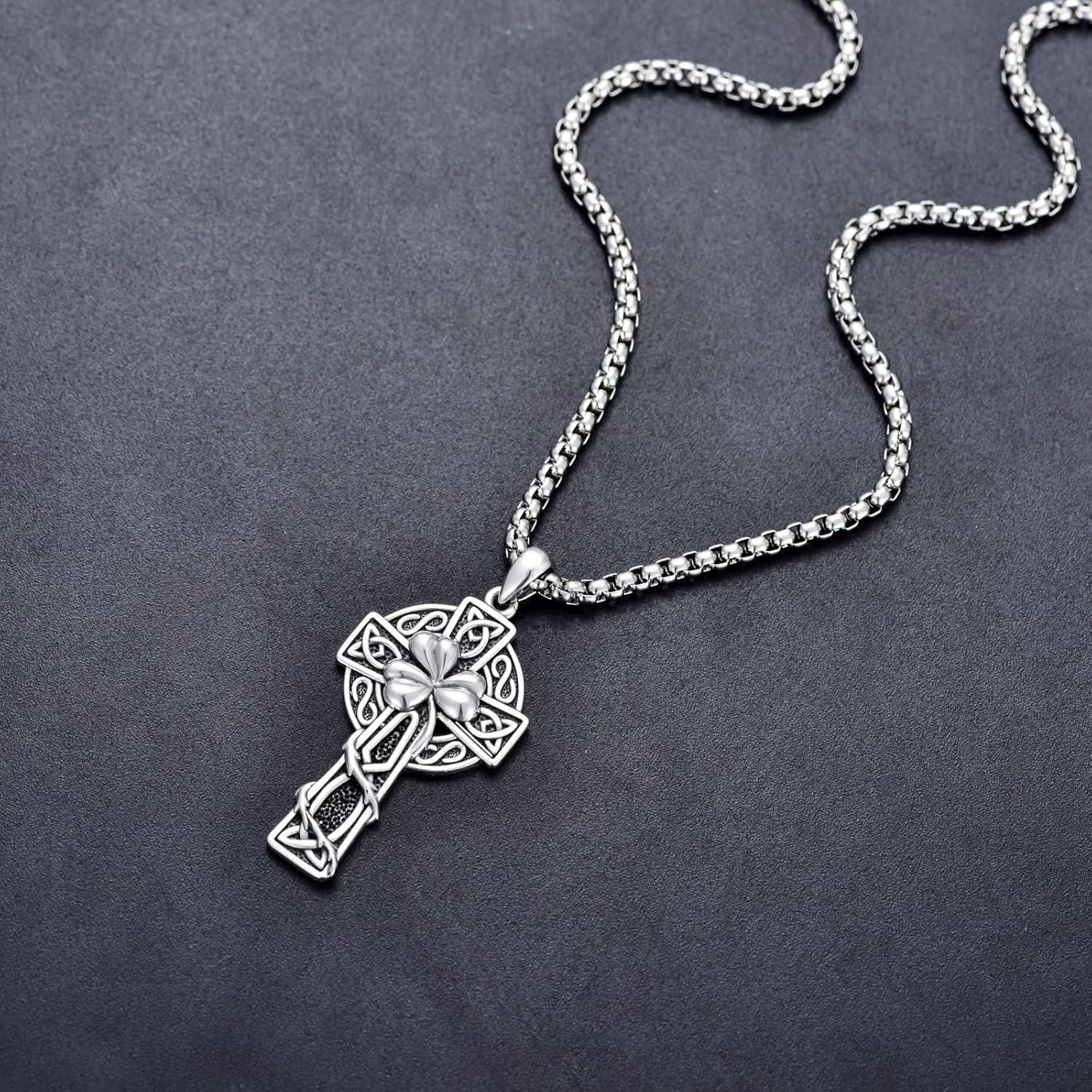 wholesale 925 Sterling Silver & Stainless Steel Irish Cross with Celtic Knots and Shamrock Pendant on 24 Chain-0-3