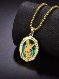 wholesale 925 Sterling Silver & 24k Gold Plated St Michael Protect Us Pendant Necklace with Green Stone for Men/Women-0-2