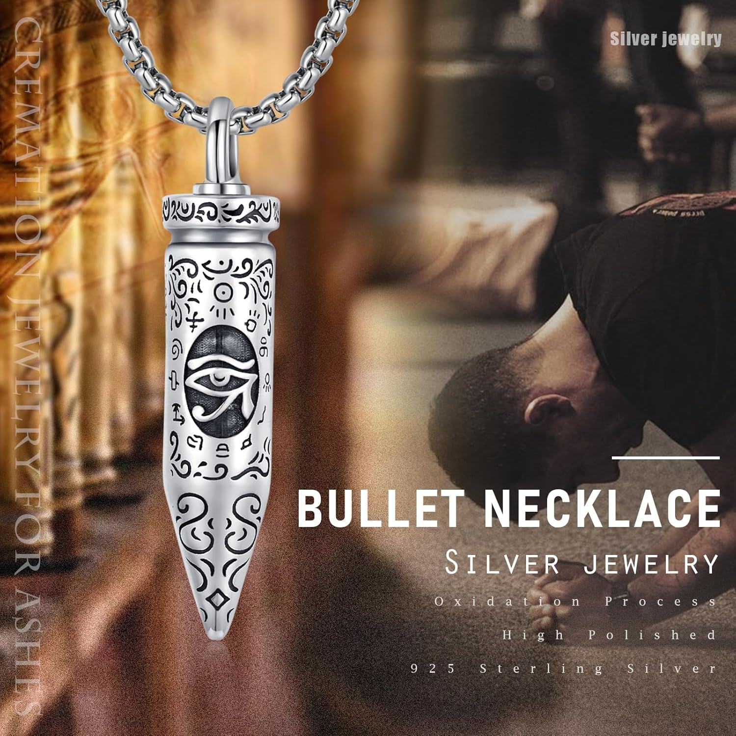925 Sterling Silver Egyptian Eye of Horus Cylinder Urn Necklace with Funnel and Chain-0-6